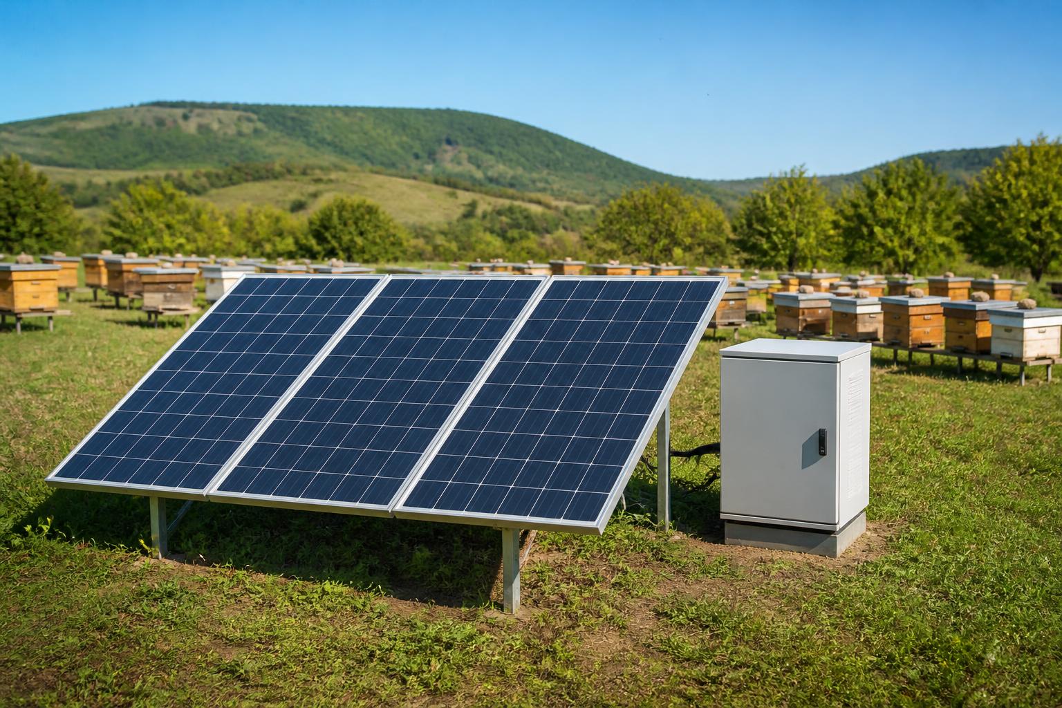 Arılıkta kurulu off-grid güneş paneli ve akü dolabı